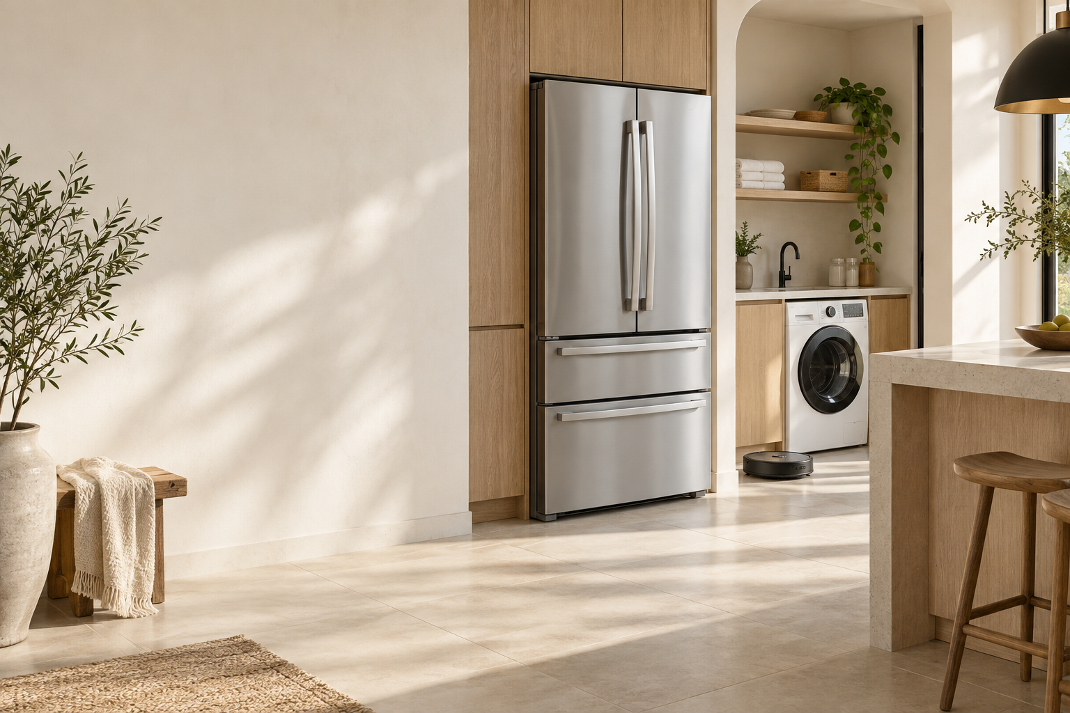A bright home interior with kitchen and laundry appliances